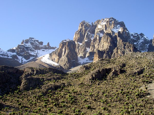Point Thompson (4955m), Batian (5199m) and Nelion (5188m) on Mt Kenya. Photo credit By Chris