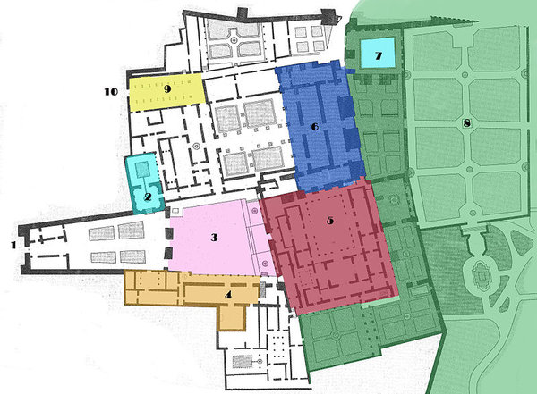 Floor plan of the Alcázar of Seville. Seville, Spain.